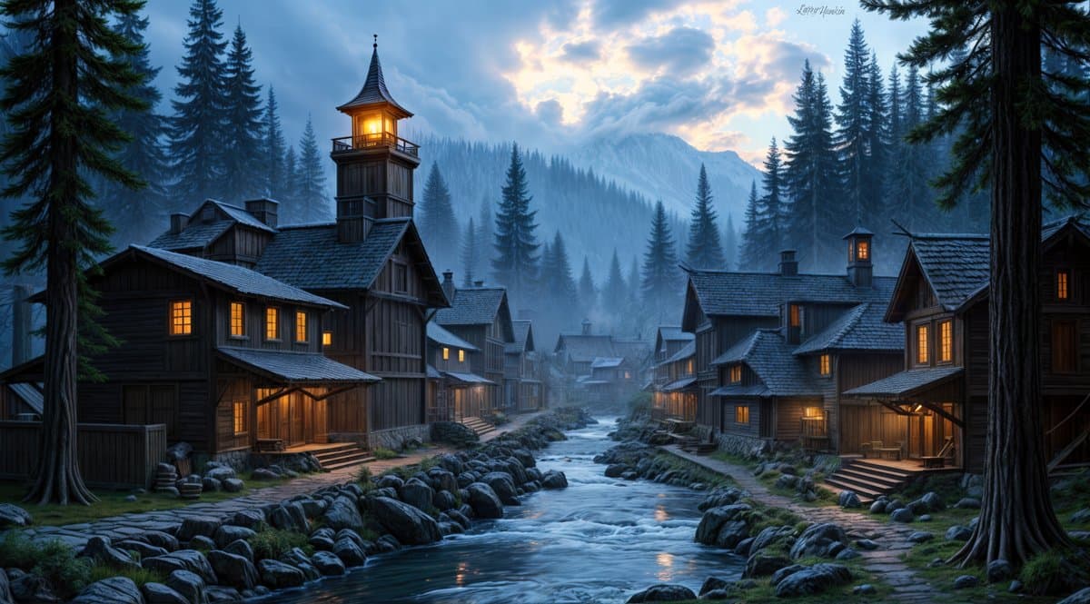 Brightwater — a lumber town at the edge of the Shadowed Pines