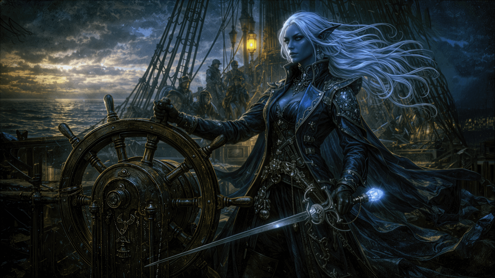 A dusk elf captain commands from the helm