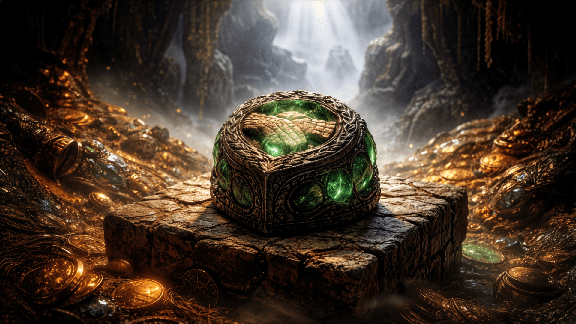 The dragons' treasure hoard glitters in the darkness