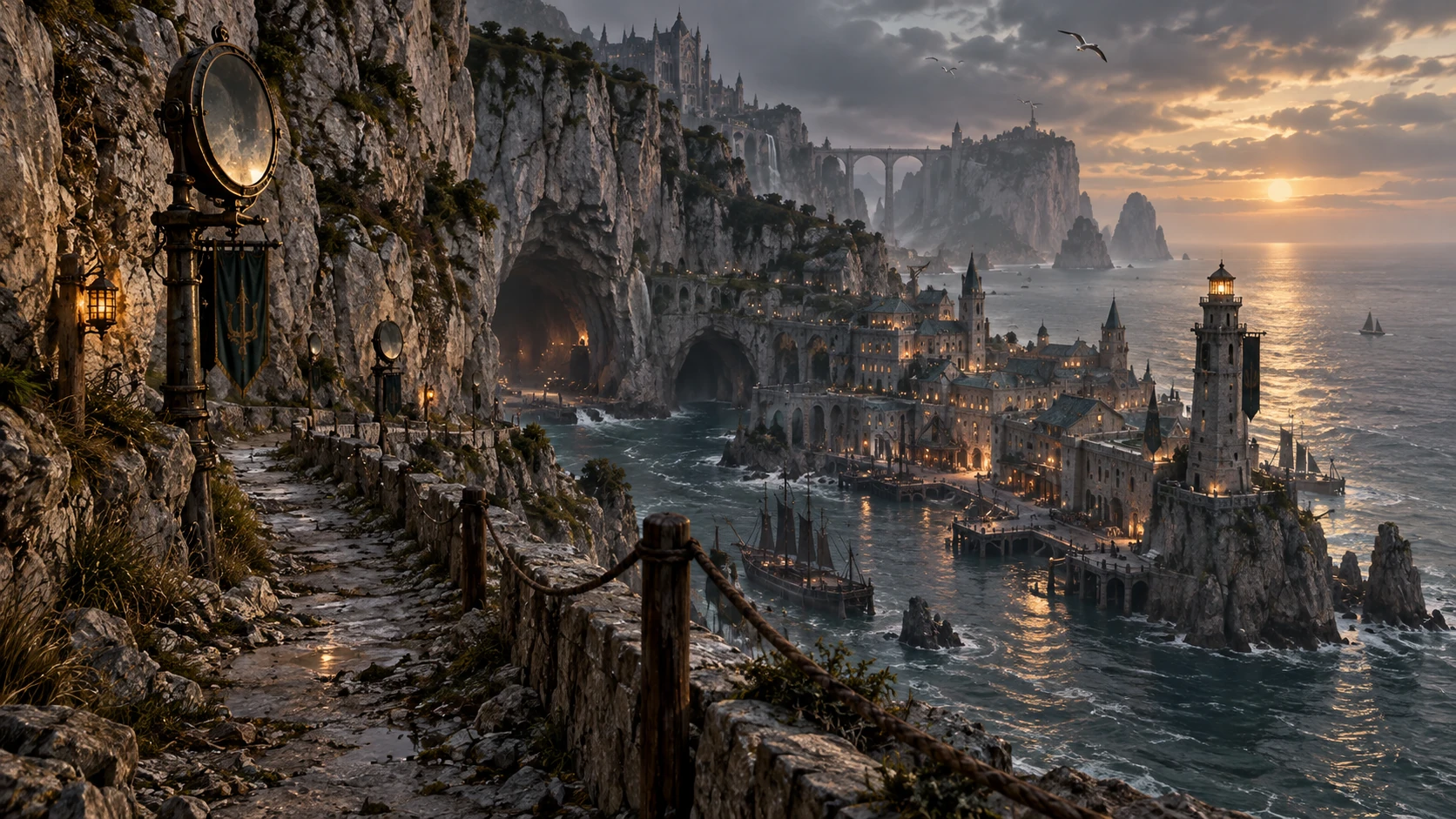 A coastal path descending toward the harbour, from the game project's location artwork